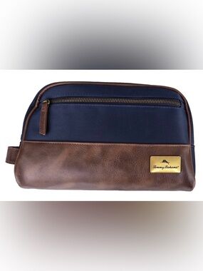 Tommy Bahama Navy and Brown Leather Travel Toiletry Bag
